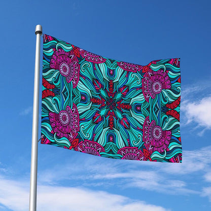 Ethnic Teal Bohemian Pattern Print Polyester Flag