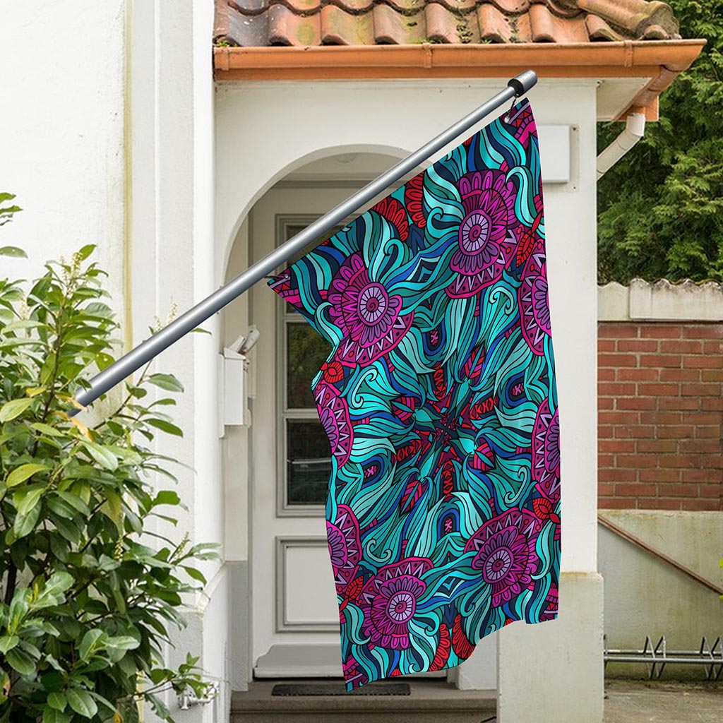Ethnic Teal Bohemian Pattern Print Polyester Flag