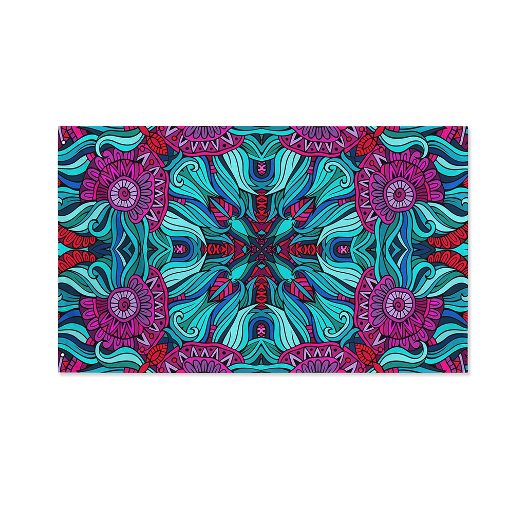 Ethnic Teal Bohemian Pattern Print Polyester Flag