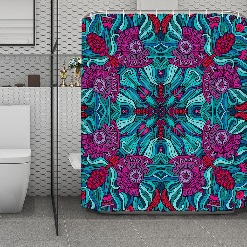 Ethnic Teal Bohemian Pattern Print Polyester Shower Curtain