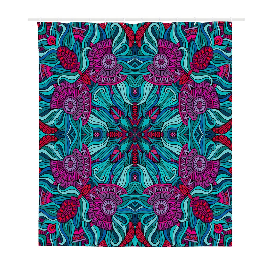 Ethnic Teal Bohemian Pattern Print Polyester Shower Curtain