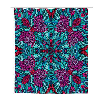 Ethnic Teal Bohemian Pattern Print Polyester Shower Curtain