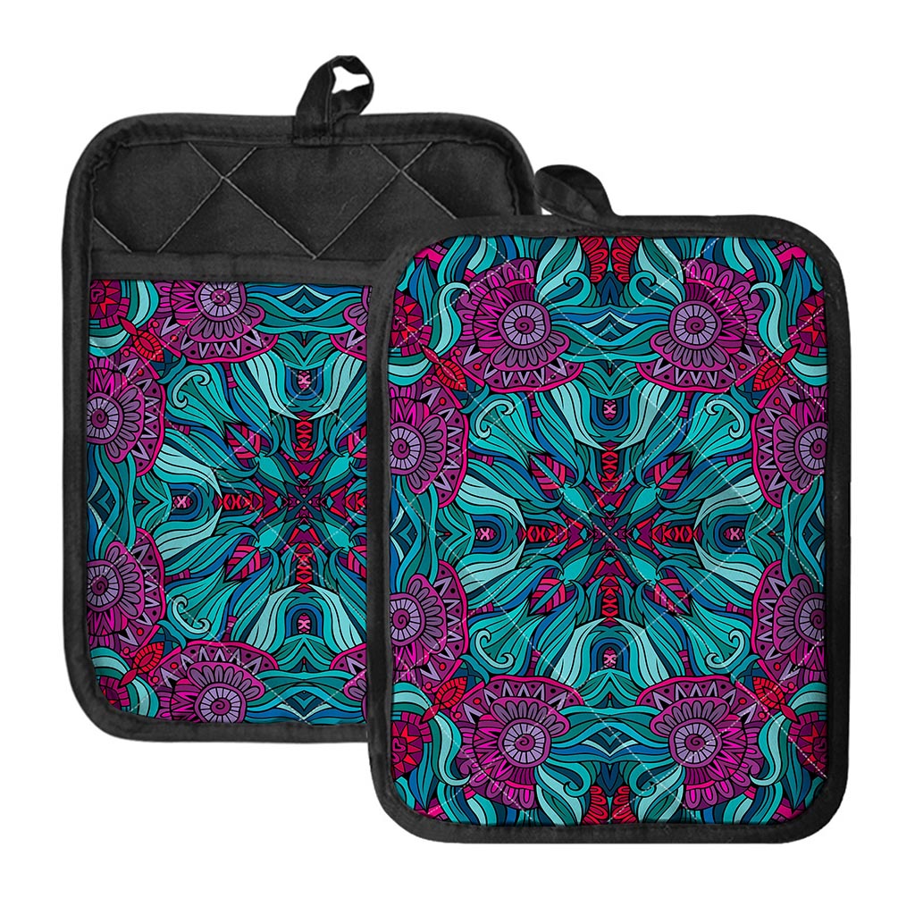 Ethnic Teal Bohemian Pattern Print Pot Holders With Pocket