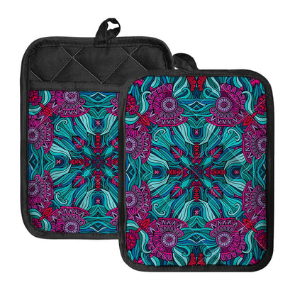 Ethnic Teal Bohemian Pattern Print Pot Holders With Pocket