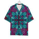 Ethnic Teal Bohemian Pattern Print Rayon Hawaiian Shirt