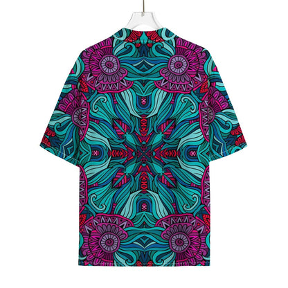 Ethnic Teal Bohemian Pattern Print Rayon Hawaiian Shirt