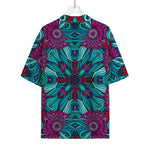 Ethnic Teal Bohemian Pattern Print Rayon Hawaiian Shirt