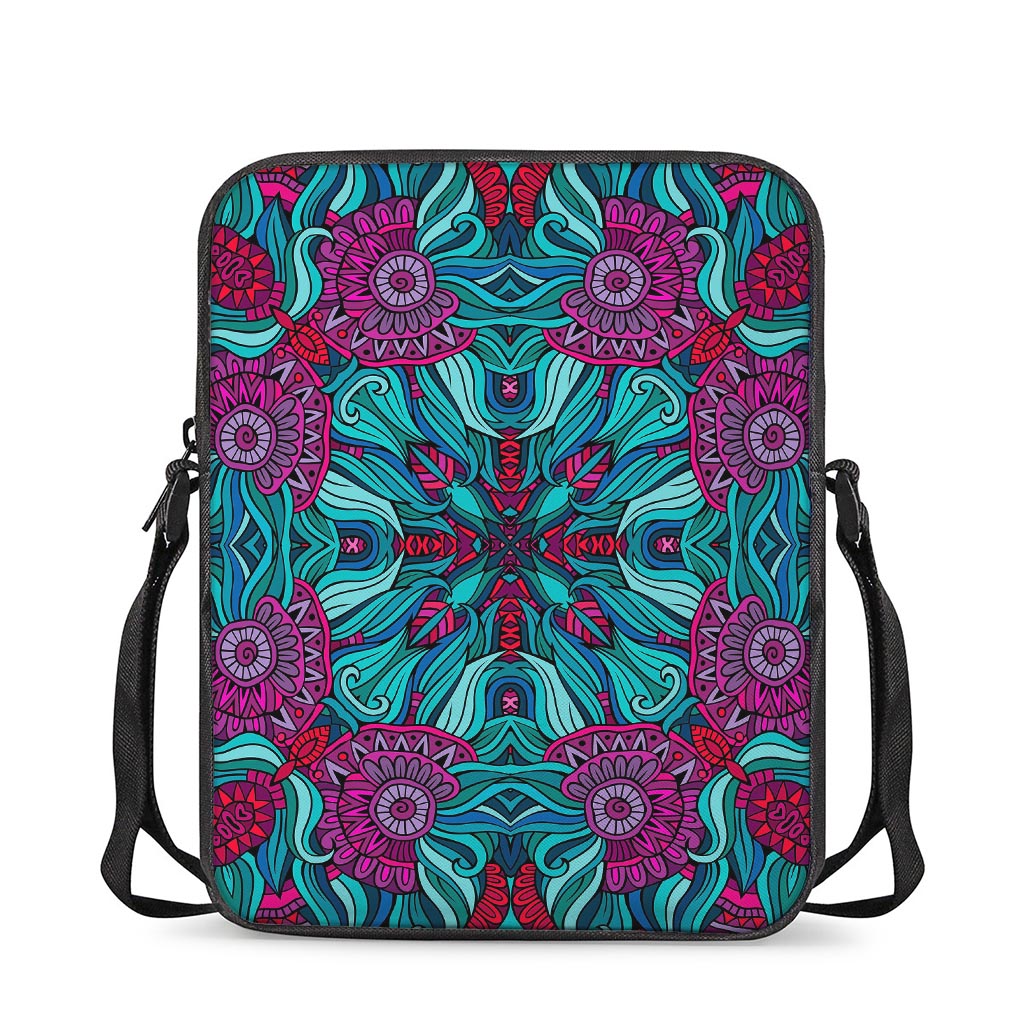 Ethnic Teal Bohemian Pattern Print Rectangular Crossbody Bag
