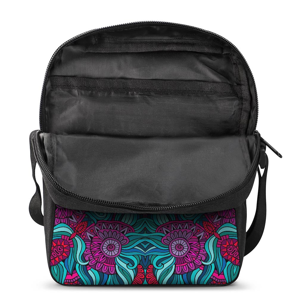 Ethnic Teal Bohemian Pattern Print Rectangular Crossbody Bag