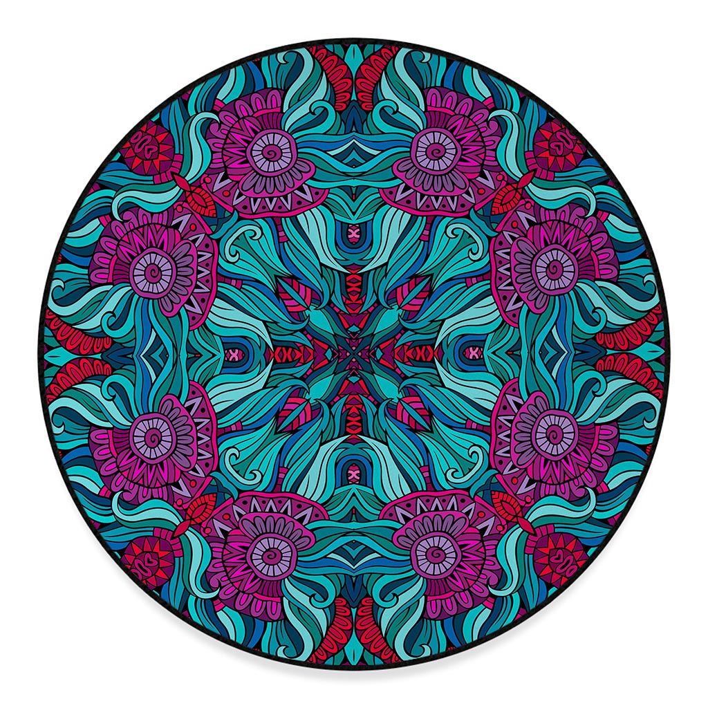 Ethnic Teal Bohemian Pattern Print Round Floor Mat