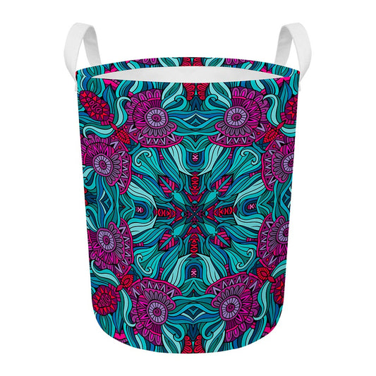 Ethnic Teal Bohemian Pattern Print Round Laundry Basket