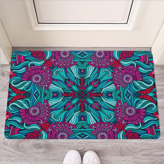 Ethnic Teal Bohemian Pattern Print Rubber Doormat