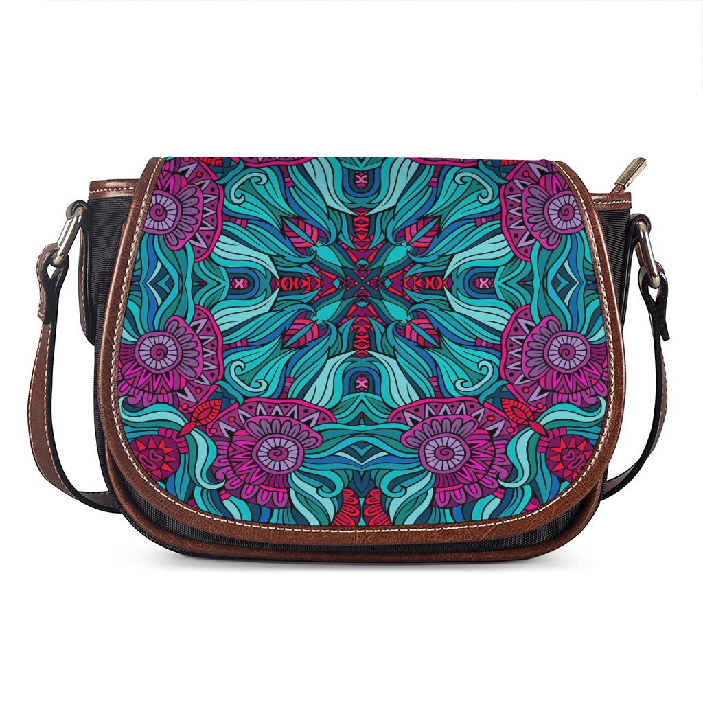 Ethnic Teal Bohemian Pattern Print Saddle Bag