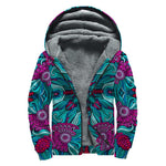 Ethnic Teal Bohemian Pattern Print Sherpa Lined Zip Up Hoodie