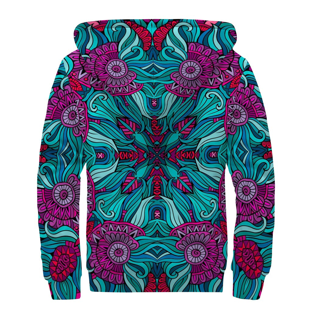 Ethnic Teal Bohemian Pattern Print Sherpa Lined Zip Up Hoodie