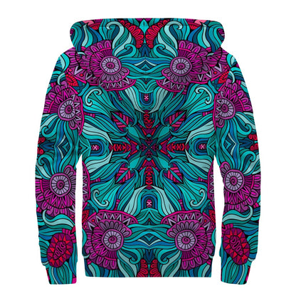 Ethnic Teal Bohemian Pattern Print Sherpa Lined Zip Up Hoodie
