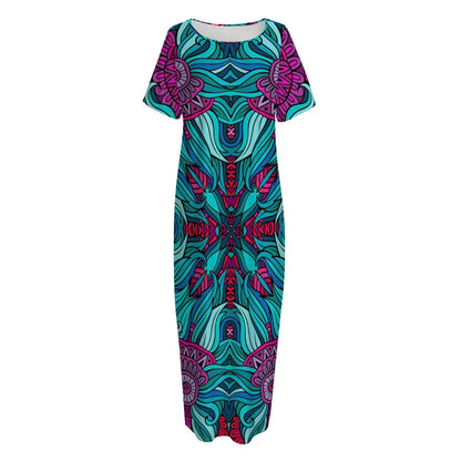 Ethnic Teal Bohemian Pattern Print Short Sleeve Long Nightdress