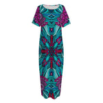 Ethnic Teal Bohemian Pattern Print Short Sleeve Long Nightdress