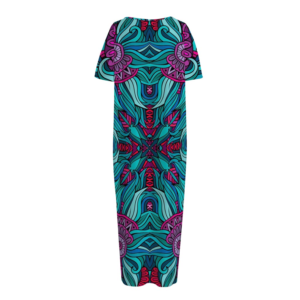 Ethnic Teal Bohemian Pattern Print Short Sleeve Long Nightdress