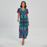 Ethnic Teal Bohemian Pattern Print Short Sleeve Maxi Dress