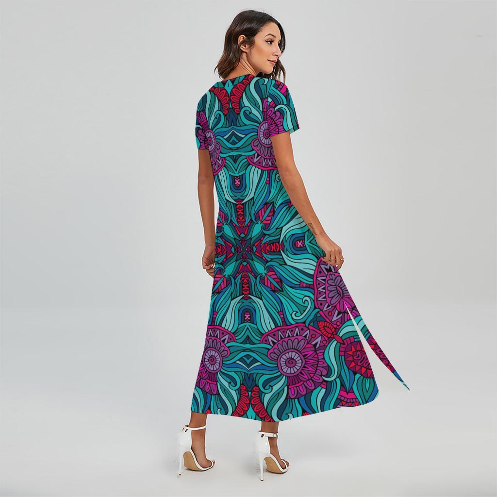 Ethnic Teal Bohemian Pattern Print Short Sleeve Maxi Dress