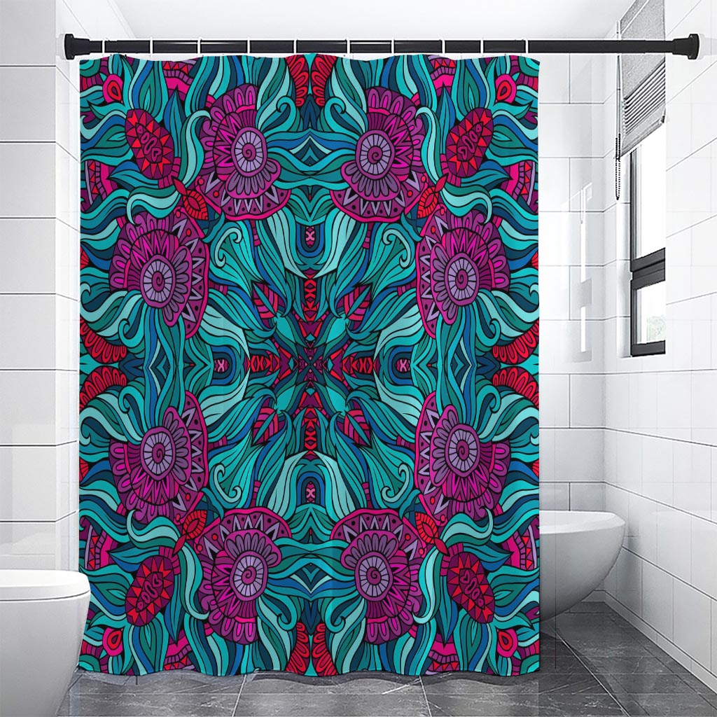 Ethnic Teal Bohemian Pattern Print Shower Curtain