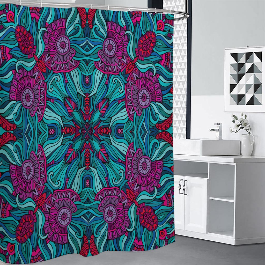 Ethnic Teal Bohemian Pattern Print Shower Curtain