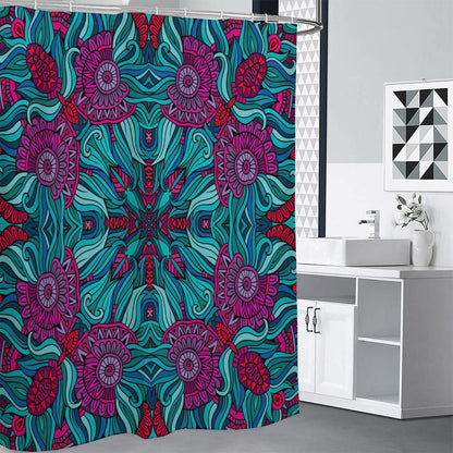 Ethnic Teal Bohemian Pattern Print Shower Curtain