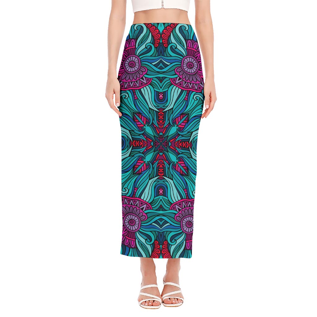 Ethnic Teal Bohemian Pattern Print Side Slit Maxi Skirt