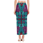 Ethnic Teal Bohemian Pattern Print Side Slit Maxi Skirt