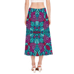 Ethnic Teal Bohemian Pattern Print Side Slit Midi Skirt