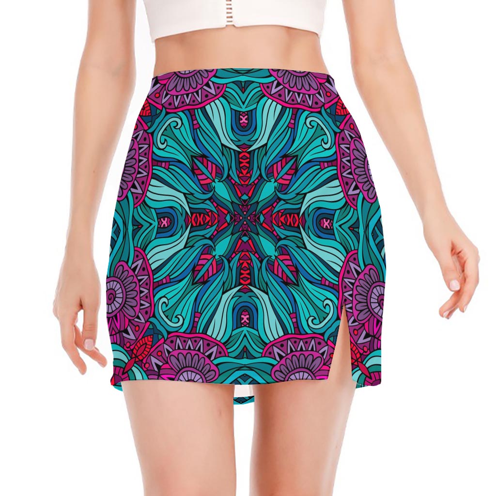 Ethnic Teal Bohemian Pattern Print Side Slit Mini Skirt