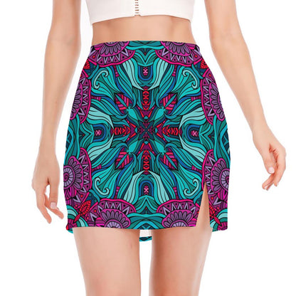 Ethnic Teal Bohemian Pattern Print Side Slit Mini Skirt