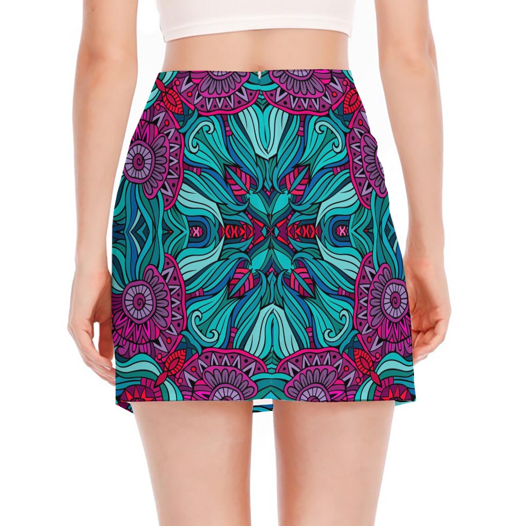Ethnic Teal Bohemian Pattern Print Side Slit Mini Skirt