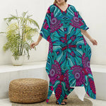Ethnic Teal Bohemian Pattern Print Silk V-Neck Kaftan Dress