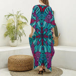 Ethnic Teal Bohemian Pattern Print Silk V-Neck Kaftan Dress