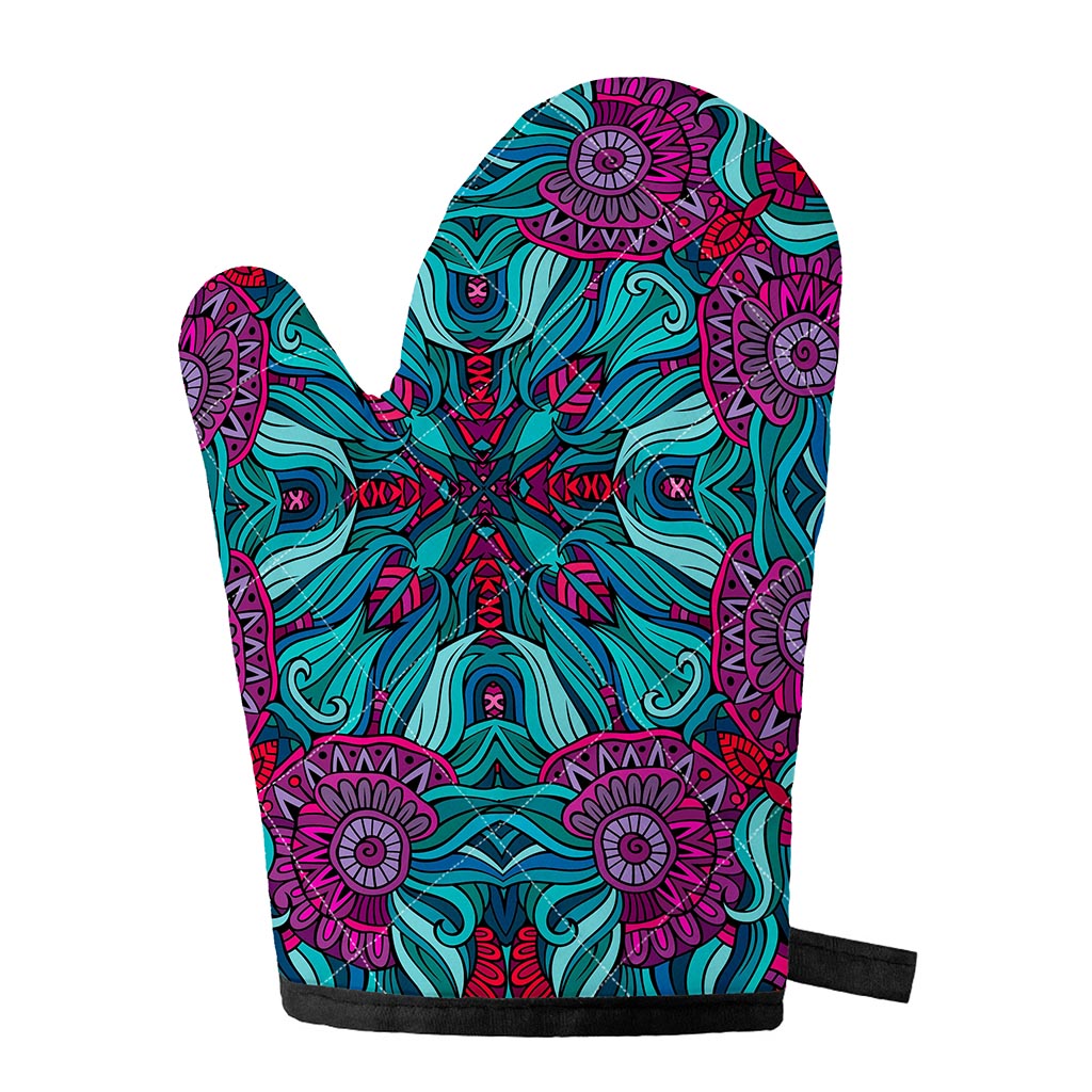Ethnic Teal Bohemian Pattern Print Single Oven Mitt