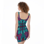 Ethnic Teal Bohemian Pattern Print Sleeveless Bodycon Dress