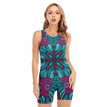 Ethnic Teal Bohemian Pattern Print Sleeveless One Piece Swimsuit