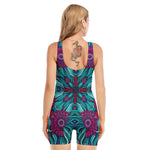 Ethnic Teal Bohemian Pattern Print Sleeveless One Piece Swimsuit