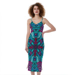 Ethnic Teal Bohemian Pattern Print Slim Fit Midi Cami Dress