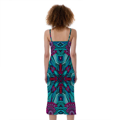 Ethnic Teal Bohemian Pattern Print Slim Fit Midi Cami Dress