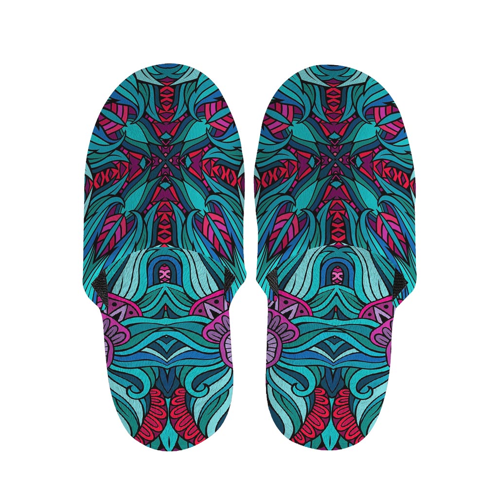 Ethnic Teal Bohemian Pattern Print Slippers