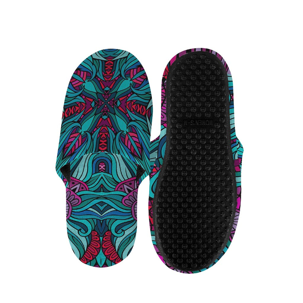 Ethnic Teal Bohemian Pattern Print Slippers