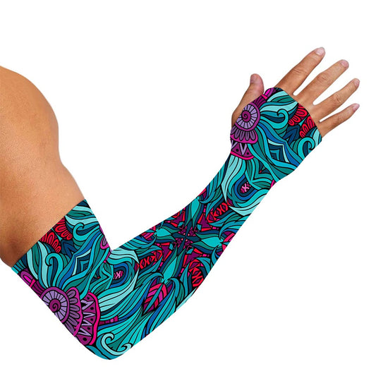 Ethnic Teal Bohemian Pattern Print Sun Protection Arm Sleeves