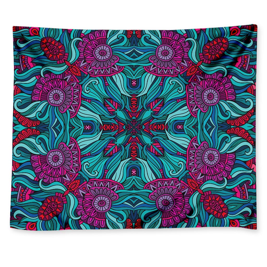 Ethnic Teal Bohemian Pattern Print Tapestry