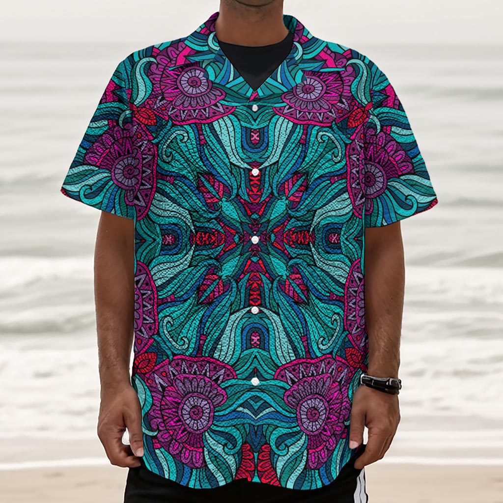 Ethnic Teal Bohemian Pattern Print Textured Short Sleeve Shirt