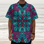 Ethnic Teal Bohemian Pattern Print Textured Short Sleeve Shirt