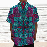 Ethnic Teal Bohemian Pattern Print Textured Short Sleeve Shirt