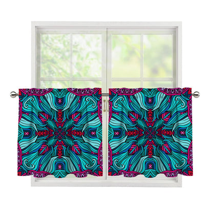 Ethnic Teal Bohemian Pattern Print Tier Curtains